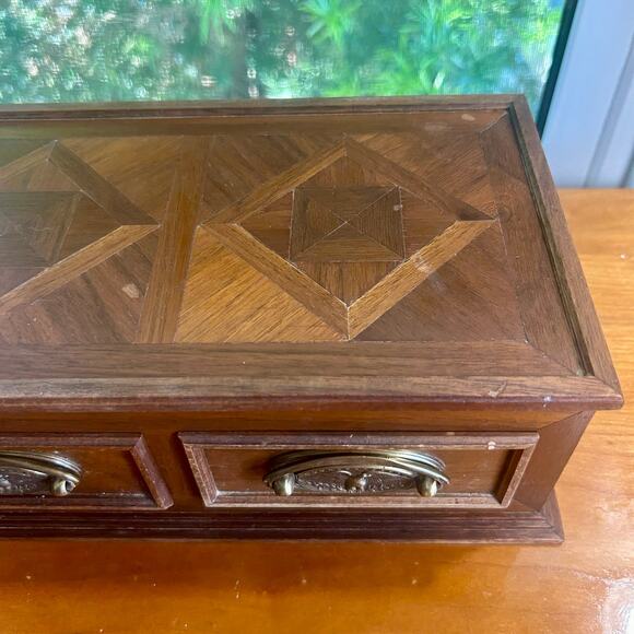Vintage Wooden Parquet Style Two-Drawer Jewelry Trinket Box with Brass Pulls - Picture 8 of 16